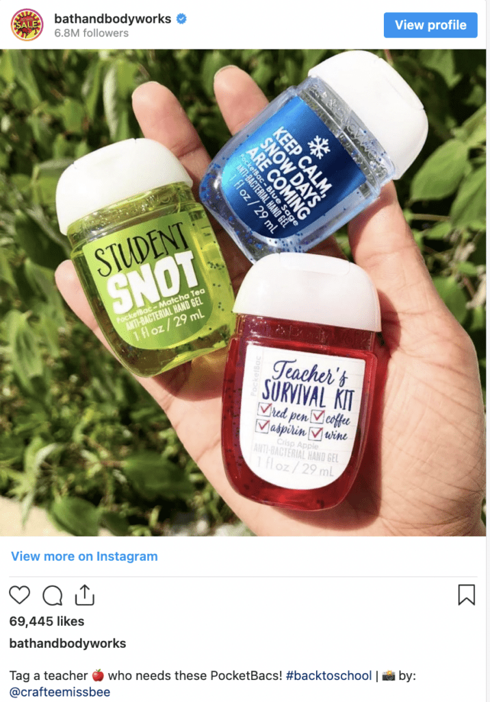 Back-to-school marketing for teachers. This image shows hand sanitizer that says "kids boogers" and "teacher's survival kit". 