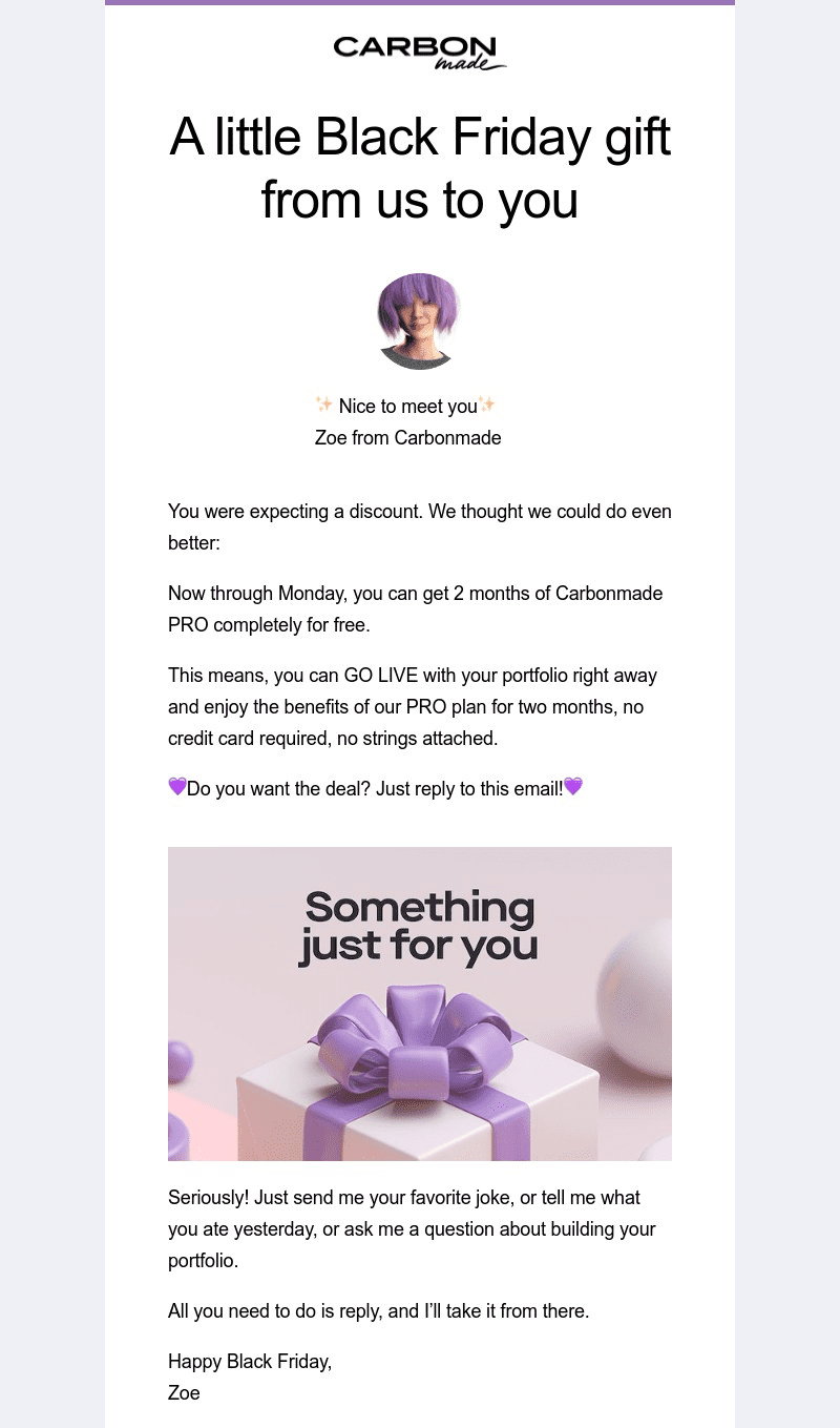 a Black Friday email by a makeup company that shows a purple present and the words "something just for you" as part of their marketing. 