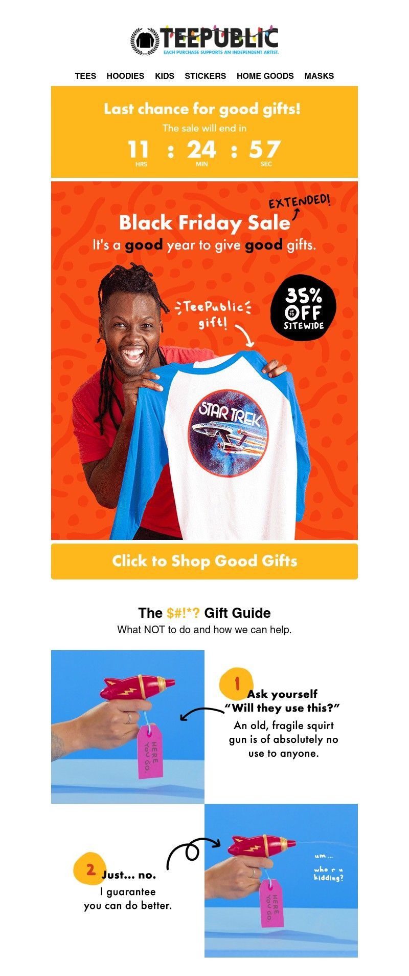 A colorful Black Friday marketing campaign shows an orange banner with a countdown for the deal. There is a girl holding a tshirt with the words "35% off" printed next to the shirt. 