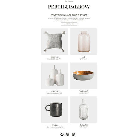 A holiday email marketing campaign by Perch and Barrow that shows grey squares with products on each square. 