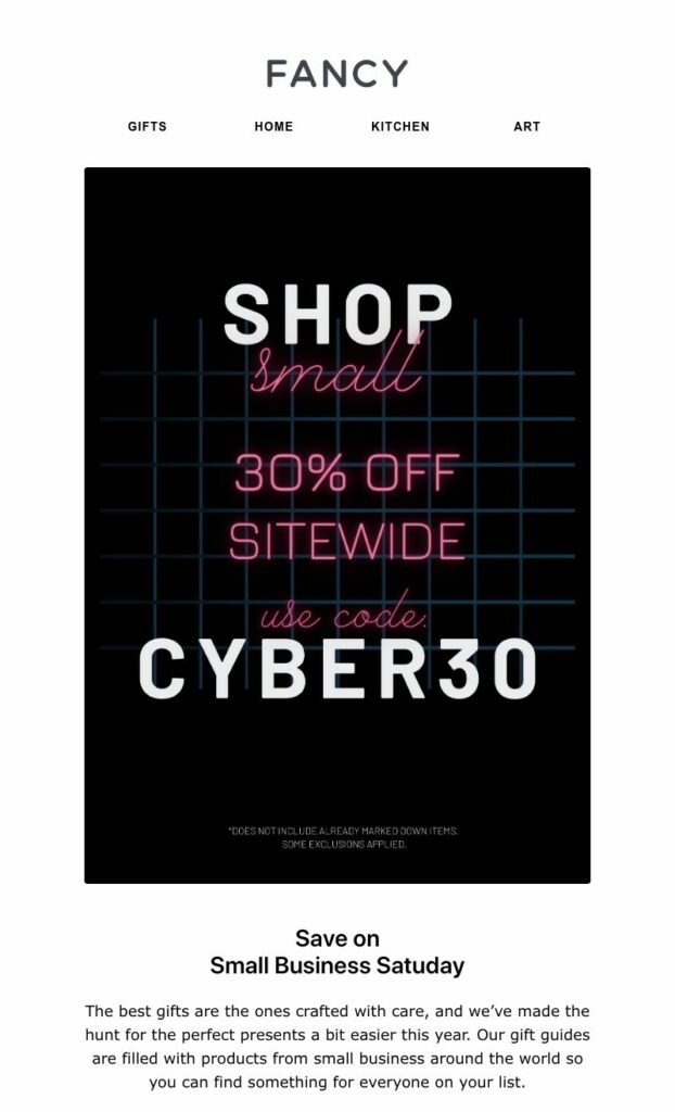 A black holiday email marketing campaign with white and pink writing that says "shop small, 30% off sitewide". 