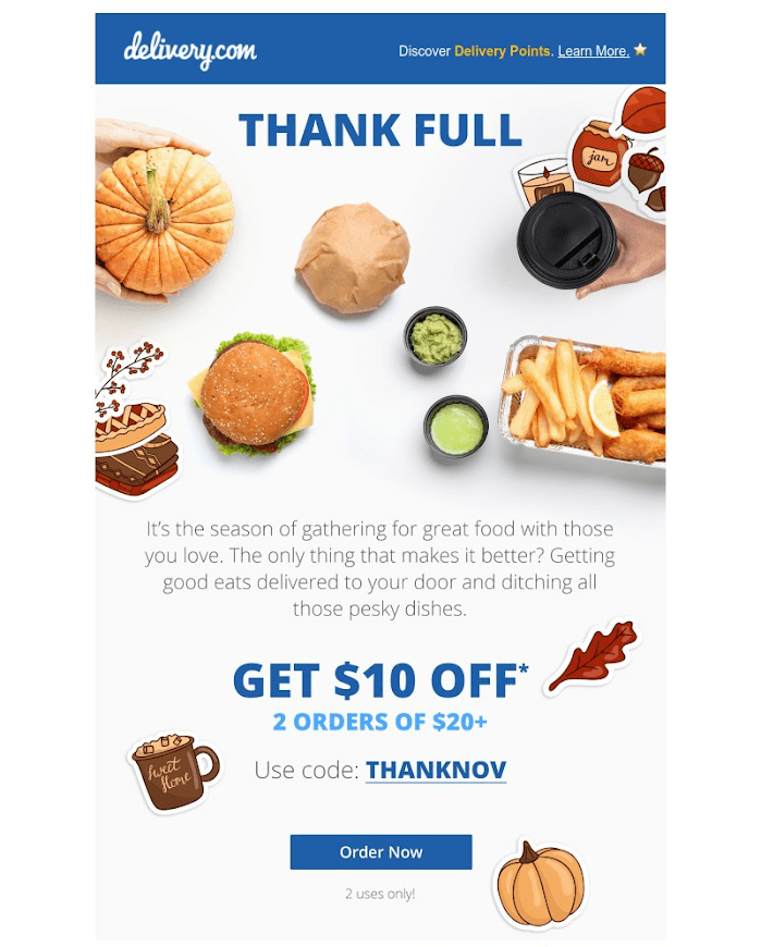 Thanksgiving email marketing by delivery.com showing dinner ingredients. 