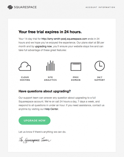 A transactional email about a free trial expiring