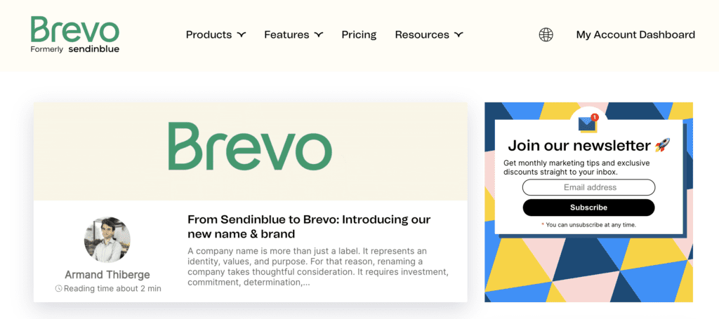 Screenshot of Brevo (formerly Sendinblue) blog with featured newsletter sign-up form.