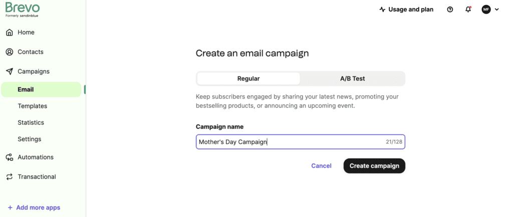 Screenshot of CRM software, Brevo, prompting user to start a new email campaign, or A/B test email campaign.