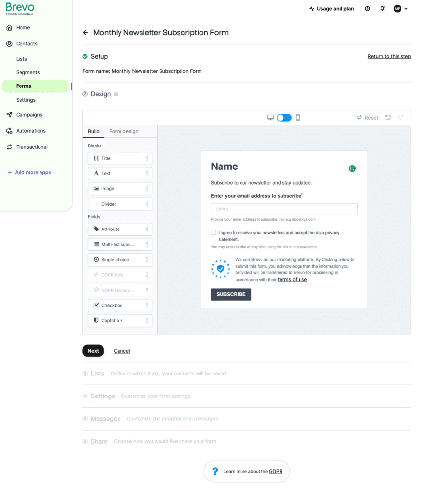 subscription form builder