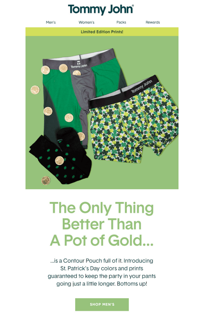 St. Patrick's day email example from Tommy John with themed boxer briefs