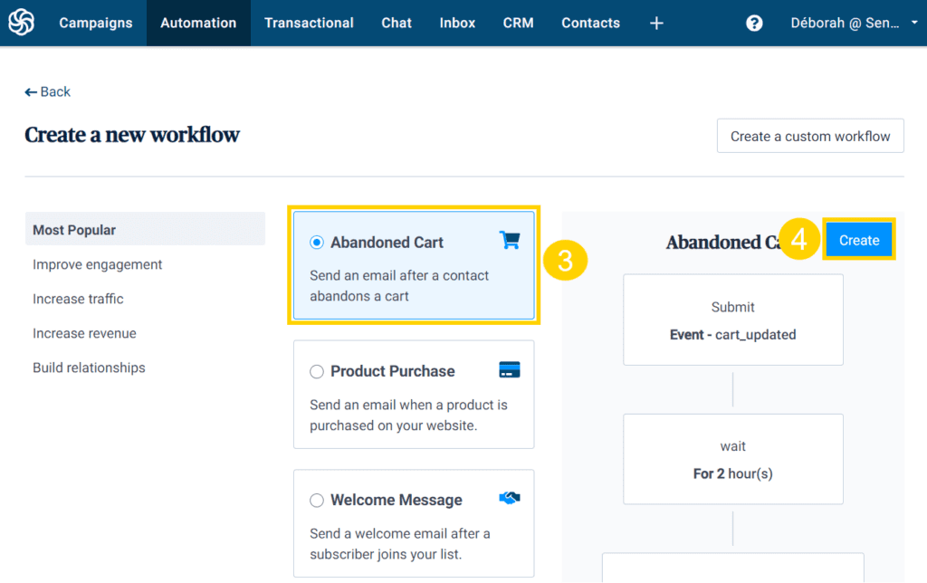 Abandoned cart email automation workflow preview by Sendinblue