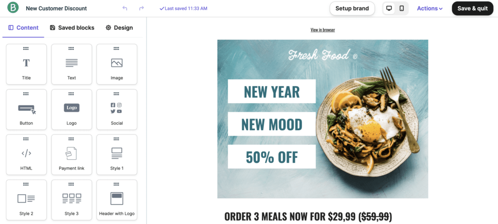 Drag and drop email template by Brevo. The left side shows different items one can add into the email, such as buttons, logos, images, and links to social media. The right shows the email design.