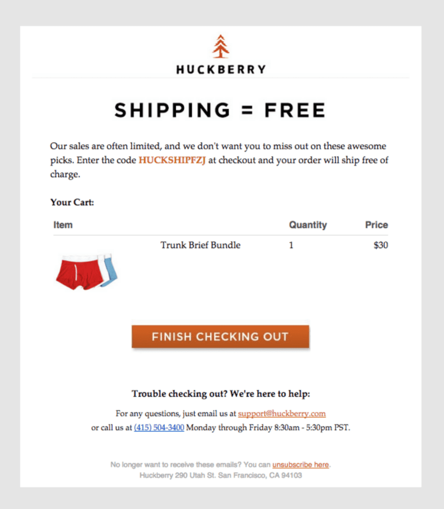 Abandoned cart email for men's underwear brand, Huckberry.