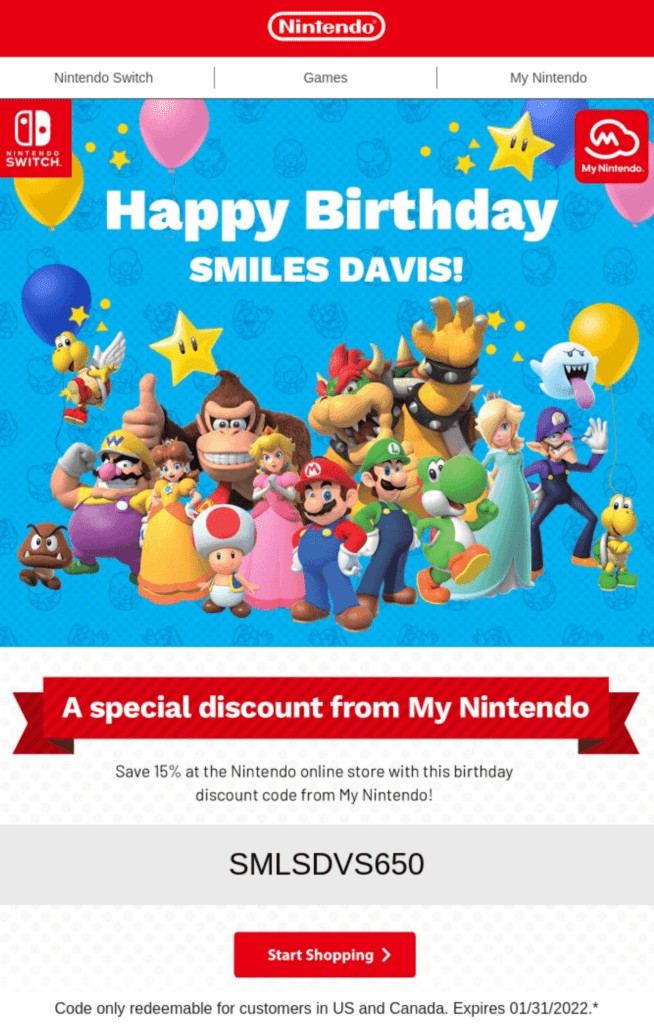 Customer segmentation example birthday email from Nintendo