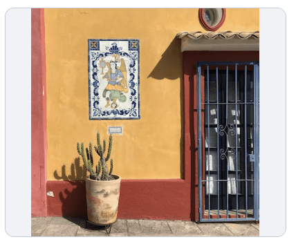 Mexican building in orange paint with a cactus in front. 