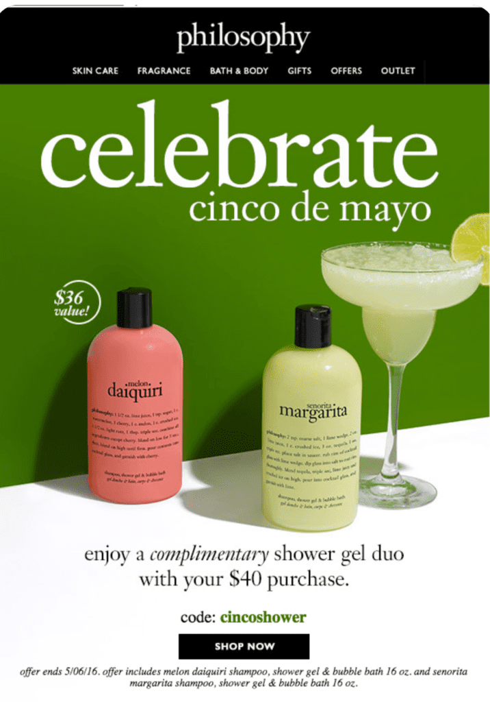 A Cinco de Mayo email by Philosophy featuring two shampoo bottles next to a margarita. 