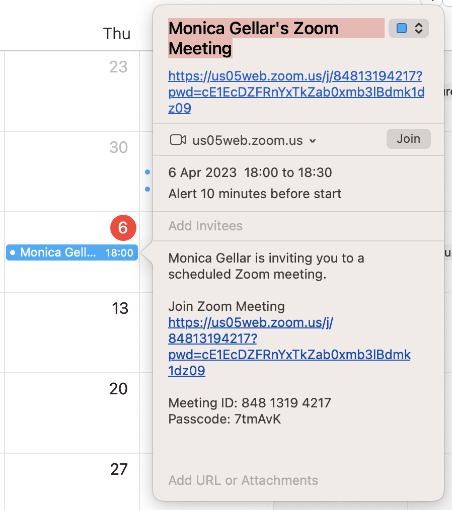 Zoom meeting in iCal. 