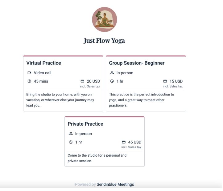 booking page for yoga classes