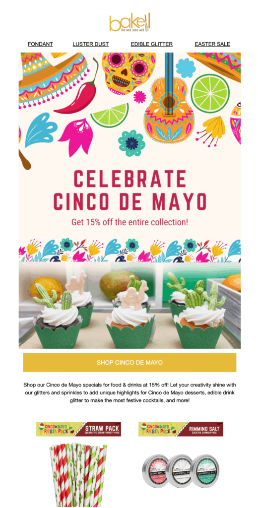 Cinco de Mayo email example for cupcakes and baking supplies. 