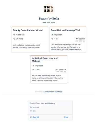 freelancer's  booking page with different meeting types