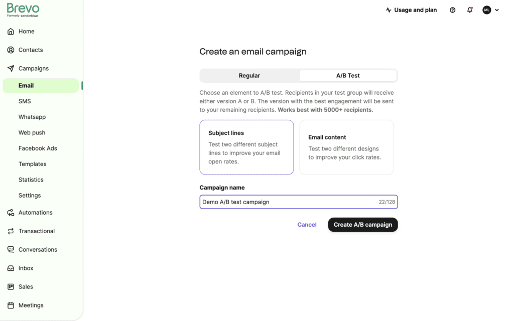 a/b testing an email campaign in Brevo