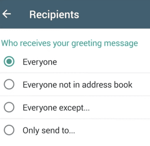 WhatsApp Business automatic reply menu for scheduling send time. 