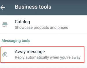 Away message field in the WhatsApp Business app, located under Business tools