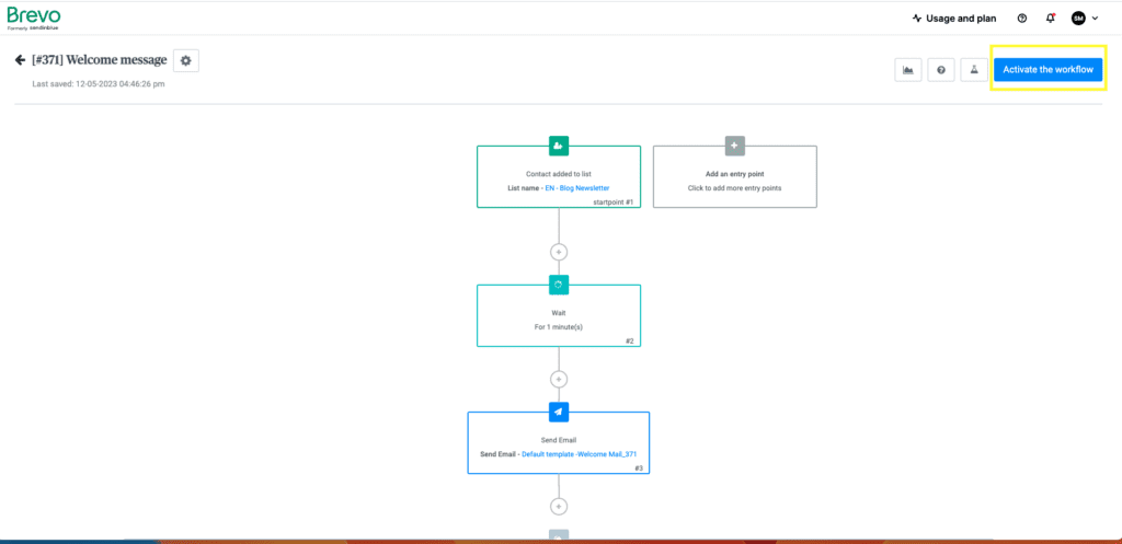 Brevo interface - create a welcome message and activate the workflow