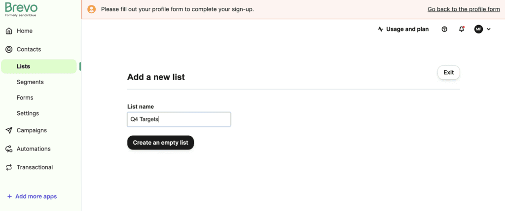 Screenshot of naming field for new lists on Brevo's platform.