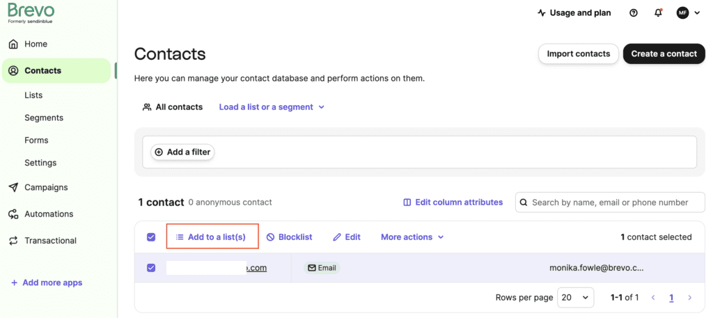 Email marketing software dashboard showing adding a contact to a list.
