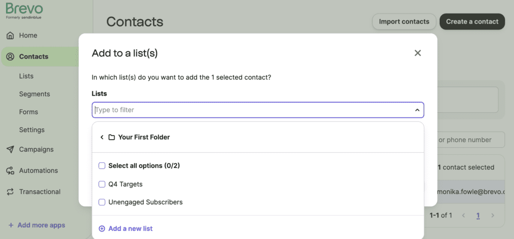 Adding a contact to a list called "Q4 Targets" in Brevo email marketing software.
