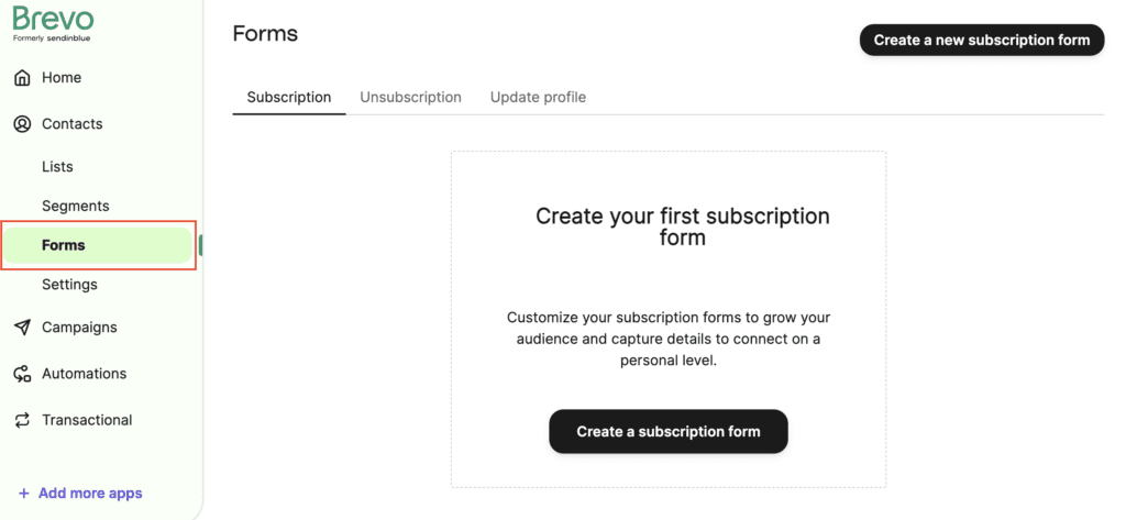 Screenshot of CRM dashboard for Brevo showing the signup forms that this account has.
