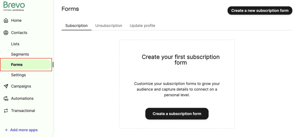 Screenshot of CRM dashboard for Brevo showing the signup forms that this account has. 