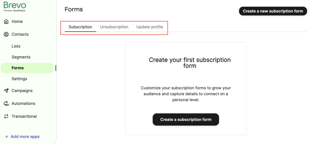 The dashboard for making signup forms, subscription forms, and update profile forms on Brevo's CRM website.