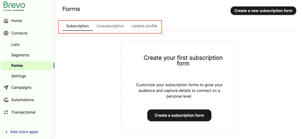 The dashboard for making signup forms, subscription forms, and update profile forms on Brevo's CRM website. 