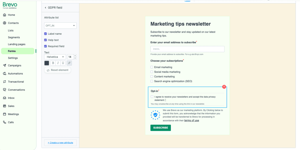 GDPR compliance opt-in - Brevo signup form example with checkbox