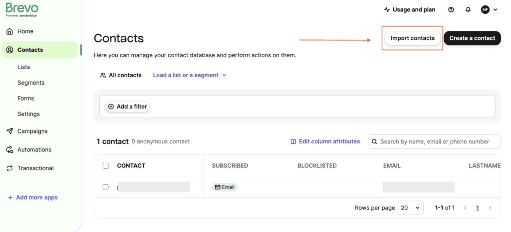 Screenshot of Brevo's email marketing dashboard, contact section. Arrow pointing to "import contacts".