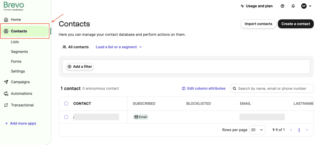 contact management dashboard within an email marketing software