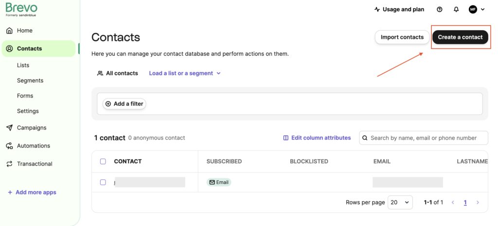 Create a contact button on Brevo contacts dashboard.