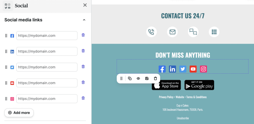 Email drag and drop builder showing the social media field, with options to add social media links for facebook, instagram, linked in and more.