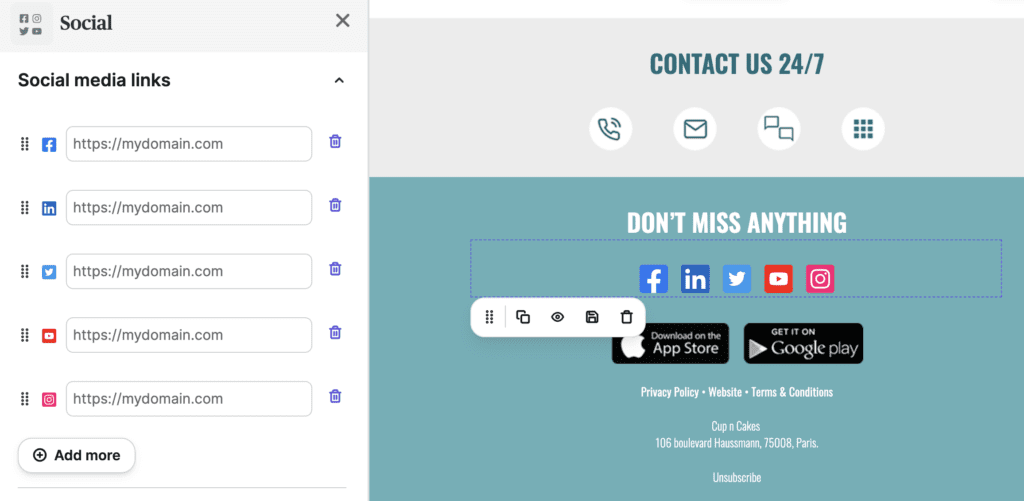 Social media links in a drag-and-drop email builder. 