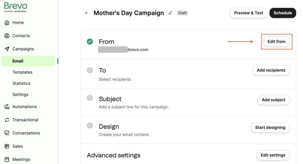 Email campaign fields overview on the Brevo website. The fields are "From", "To", "Subject", "Design" and "Advanced settings".