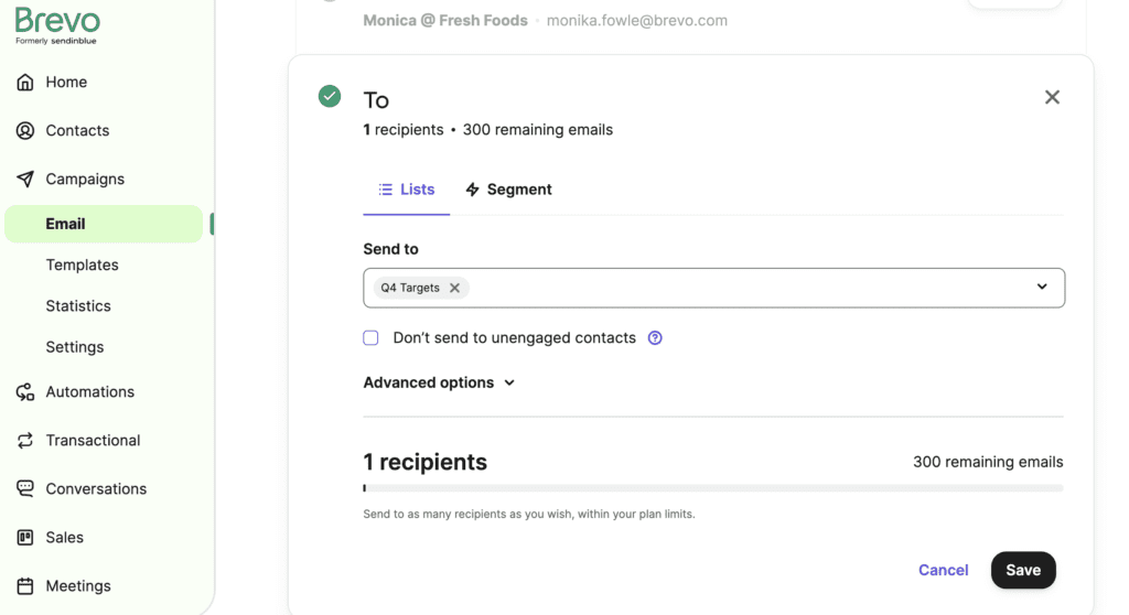 Choosing a contact list to send an email campaign to on Brevo's website.