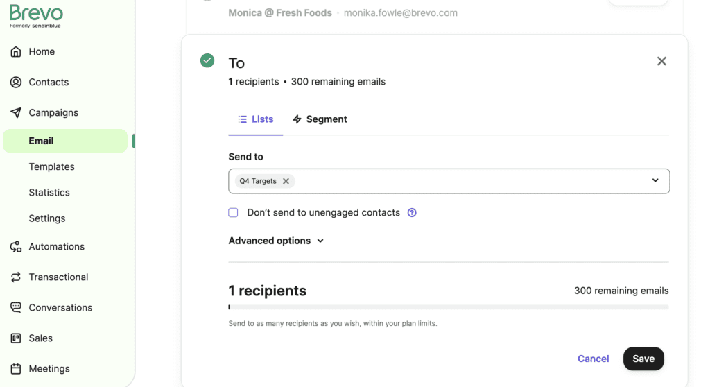 Choosing a contact list to send an email campaign to on Brevo's website. 