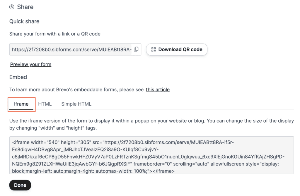 Sharing preferences for a newsletter signup form made with Brevo. There is a red box around the sharing option "Iframe".