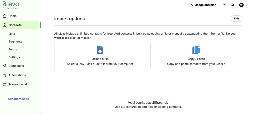 Screenshot of Brevo's email marketing dashboard. Import contacts settings page.