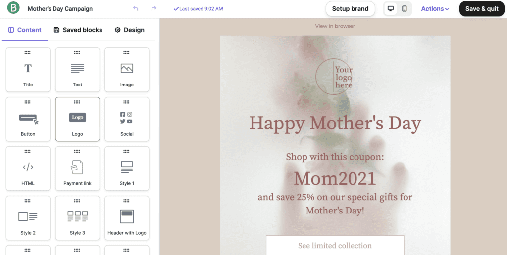 Free mother's day email template with Brevo. 