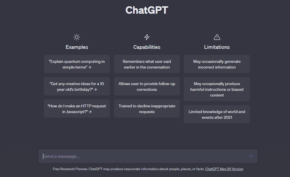 ChatGPT interface prompting user to type something.