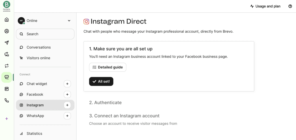 Instagram DM API dashboard with Brevo. 