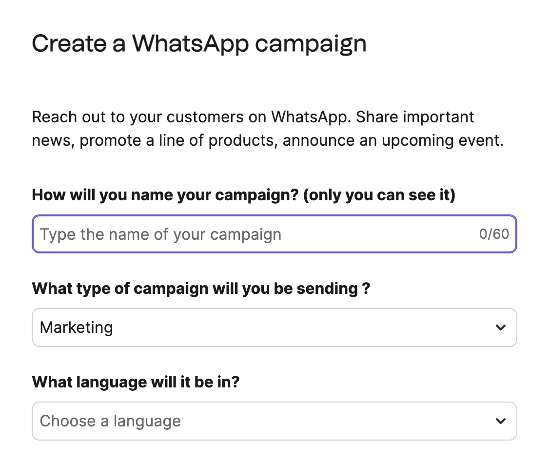 Create a Whatsapp campaign window for Brevo dashboard.