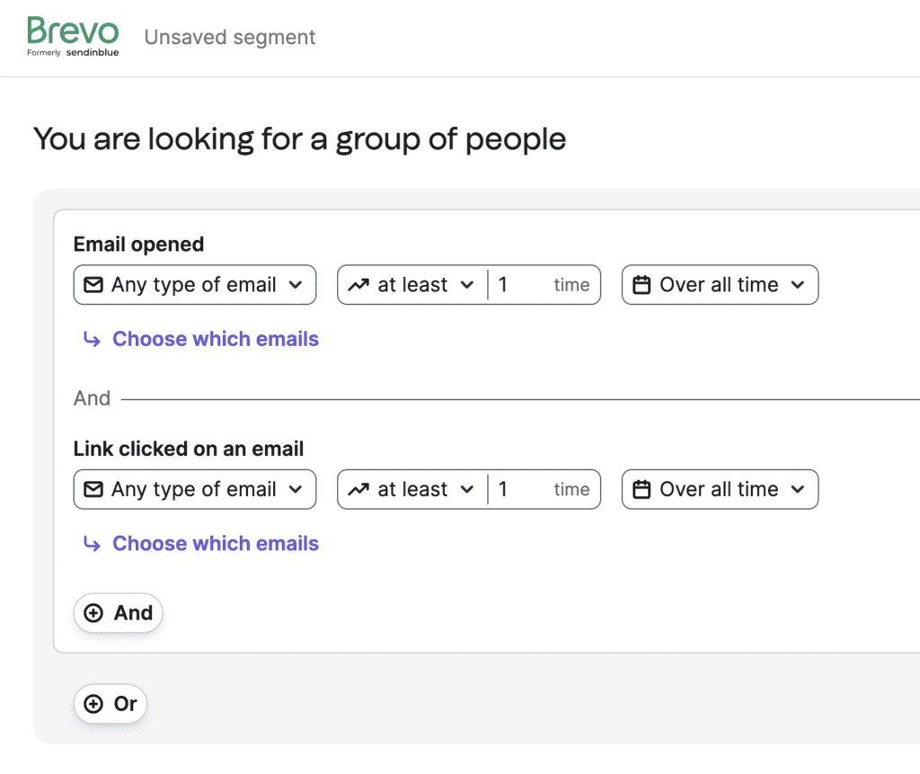 Customer list segmentation with two filters to search for contacts who have opened and clicked on emails. 