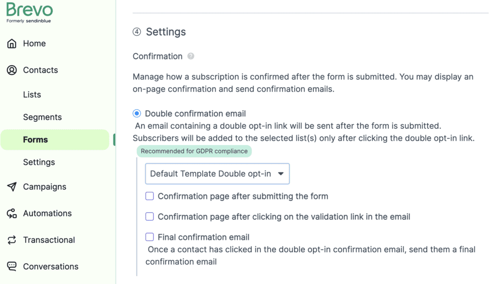 double opt in settings for singup forms with Brevo.