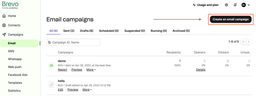 Dashboard for an email marketing and CRM software, Brevo, with a red arrow pointing to a button called "Create an email campaign".